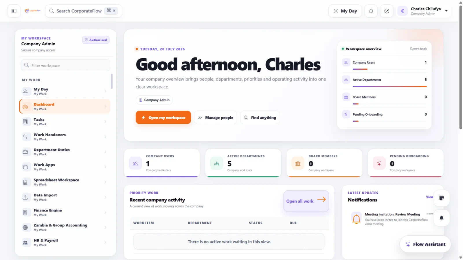CorporateFlow company workspace dashboard