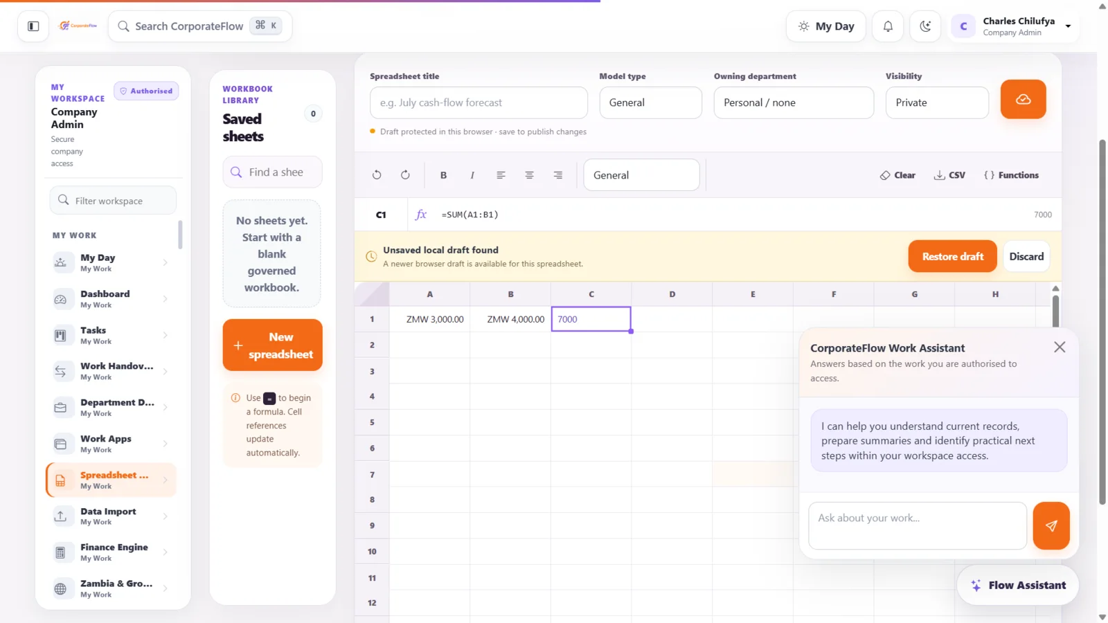 CorporateFlow spreadsheet workspace