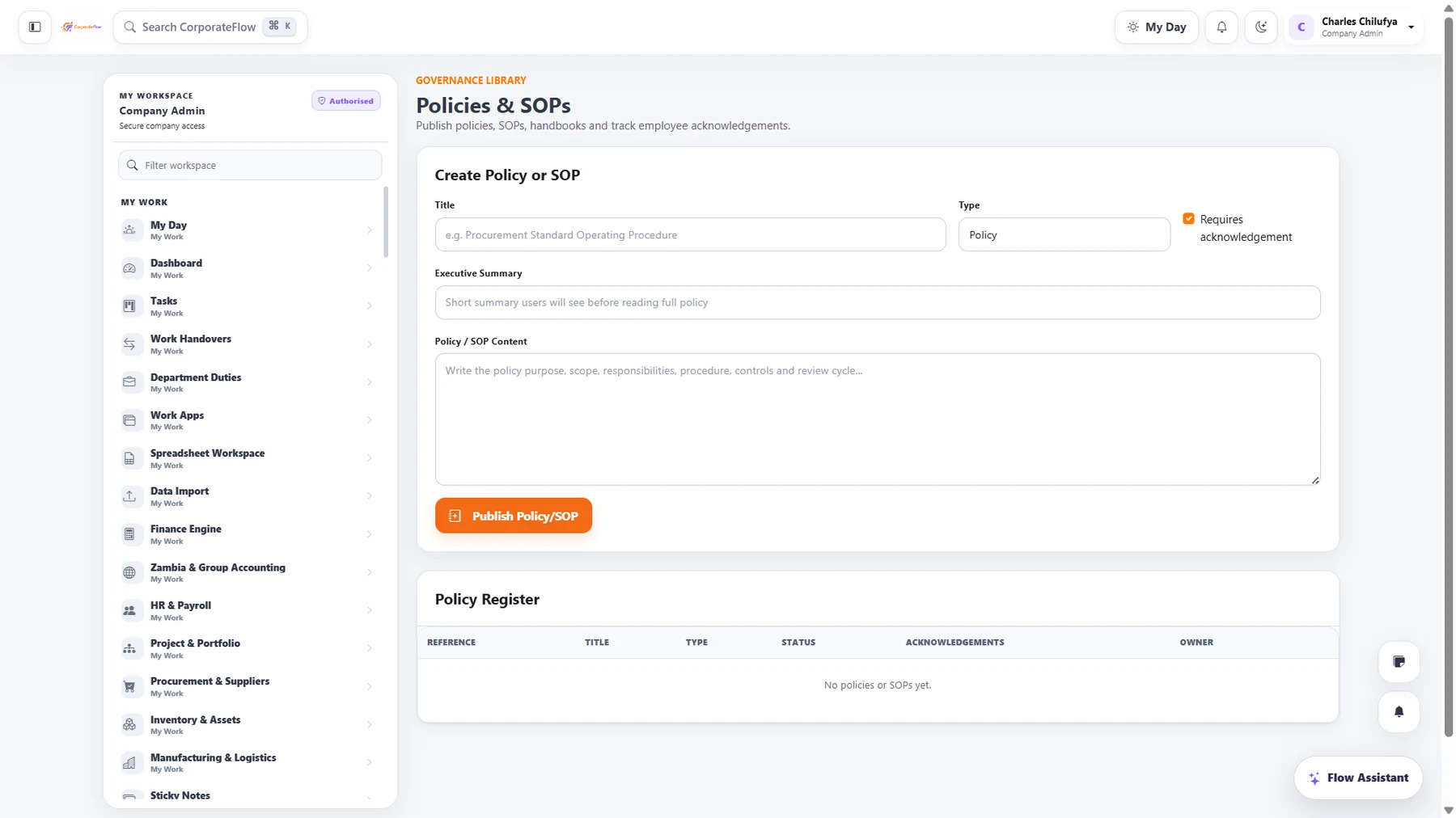 CorporateFlow policies and standard operating procedures workspace